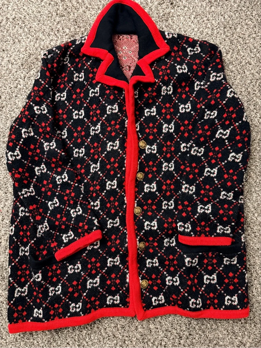 Authentic Gucci Multi Colored Diamond GG Logo Pattern Cardigan Sweater Size M